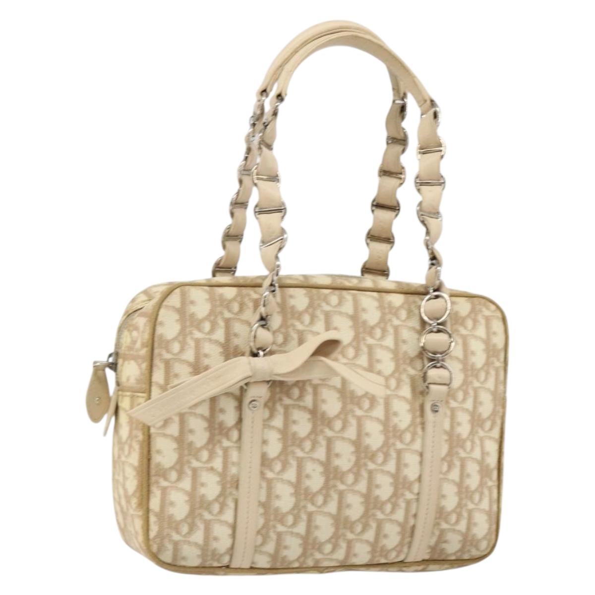 Christian Dior Trotter Canvas Romantic Chain Hand Bag PVC Beige Auth 144811