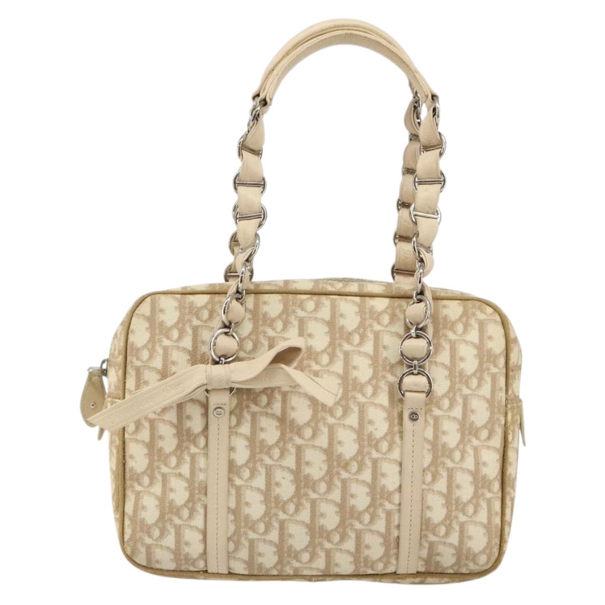Christian Dior Trotter Canvas Romantic Chain Hand Bag PVC Beige Auth 144811