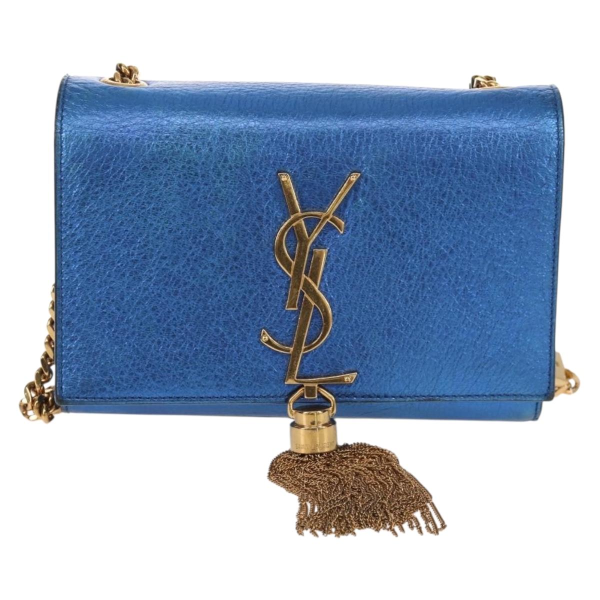 SAINT LAURENT Chain Kate Small Shoulder Bag Leather Blue Gold Auth 144825AV