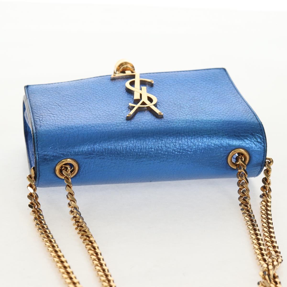 SAINT LAURENT Chain Kate Small Shoulder Bag Leather Blue Gold Auth 144825AV