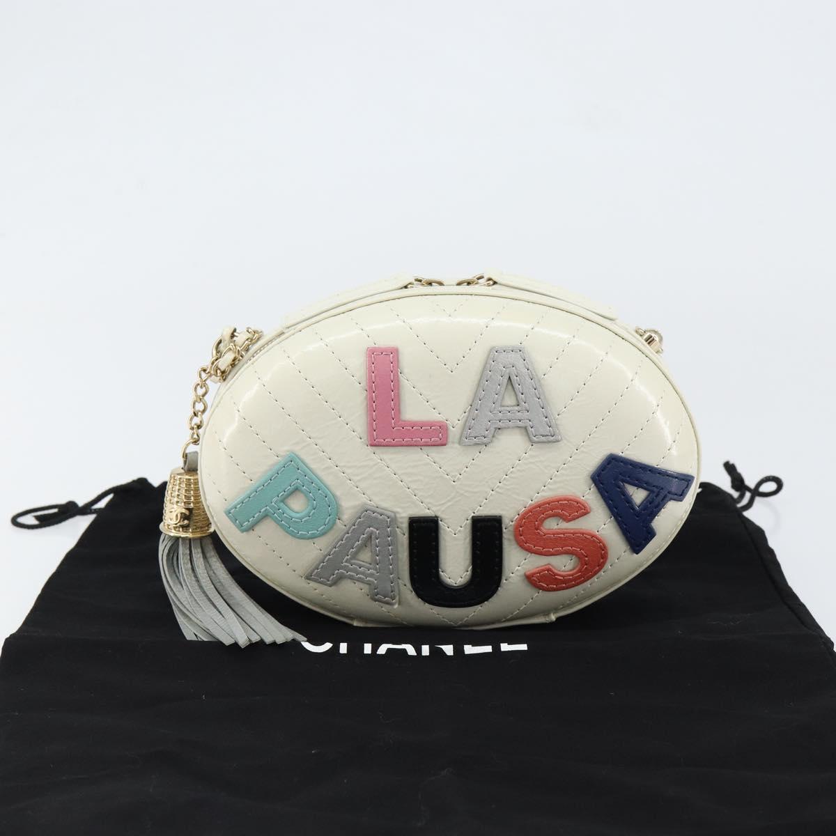 CHANEL V Stitch Chain Shoulder Bag Leather White Gold CC Auth 144830AV