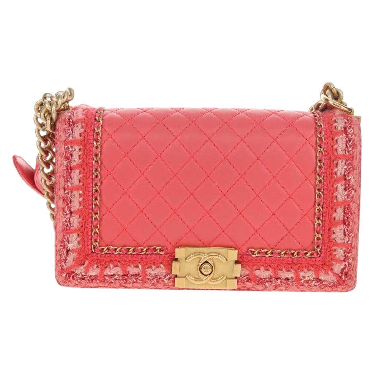 CHANEL Chain Matelasse Boy Chanel Bag Lamb Skin Pink Gold CC Auth 144832AM