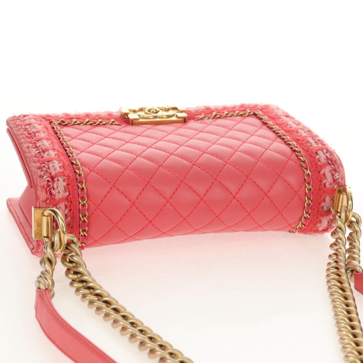 CHANEL Chain Matelasse Boy Chanel Bag Lamb Skin Pink Gold CC Auth 144832AM