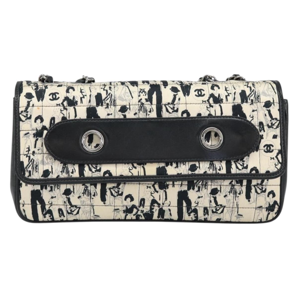 CHANEL Choco Bar Chain Shoulder Bag Satin Black Silver CC Auth 144833V