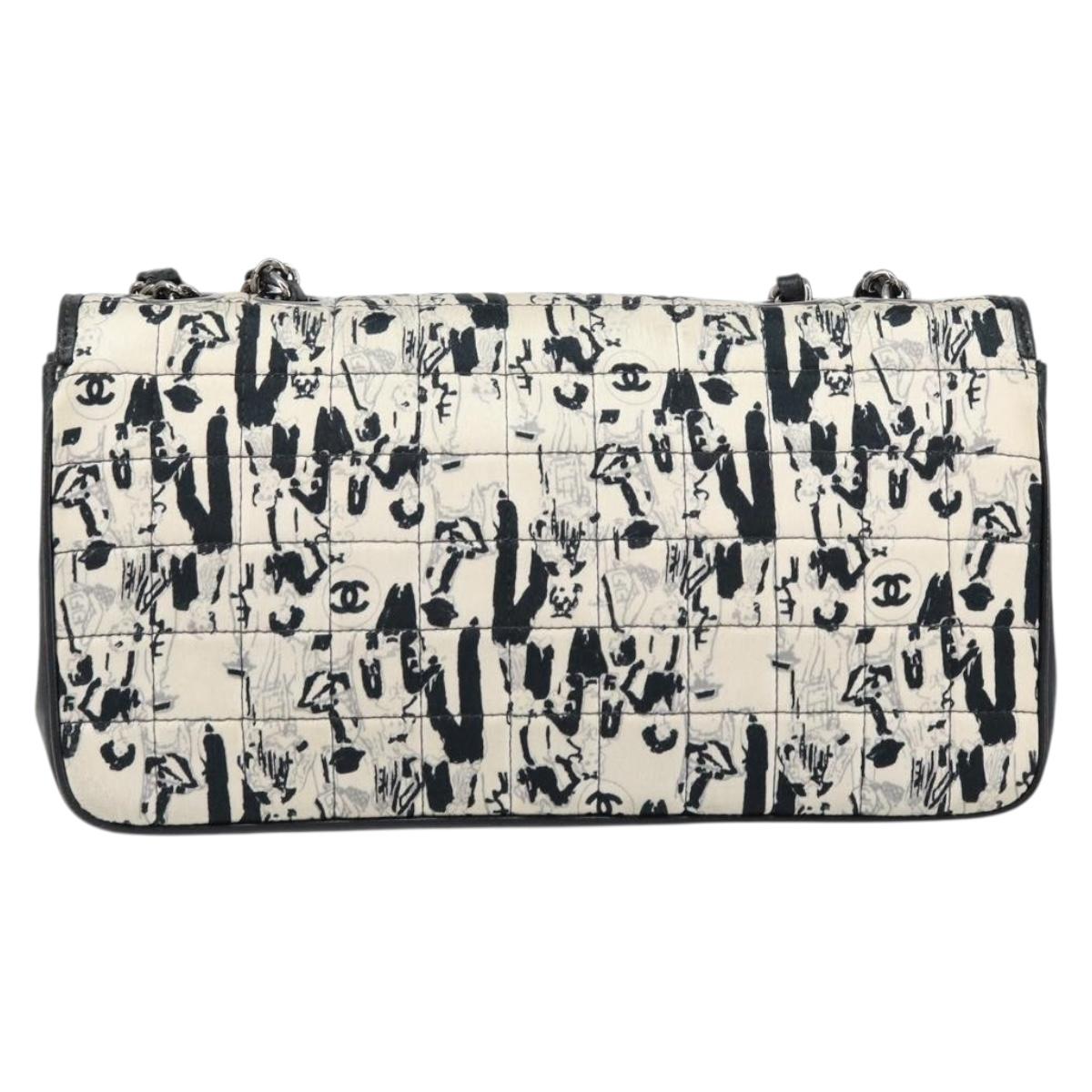 CHANEL Choco Bar Chain Shoulder Bag Satin Black Silver CC Auth 144833V