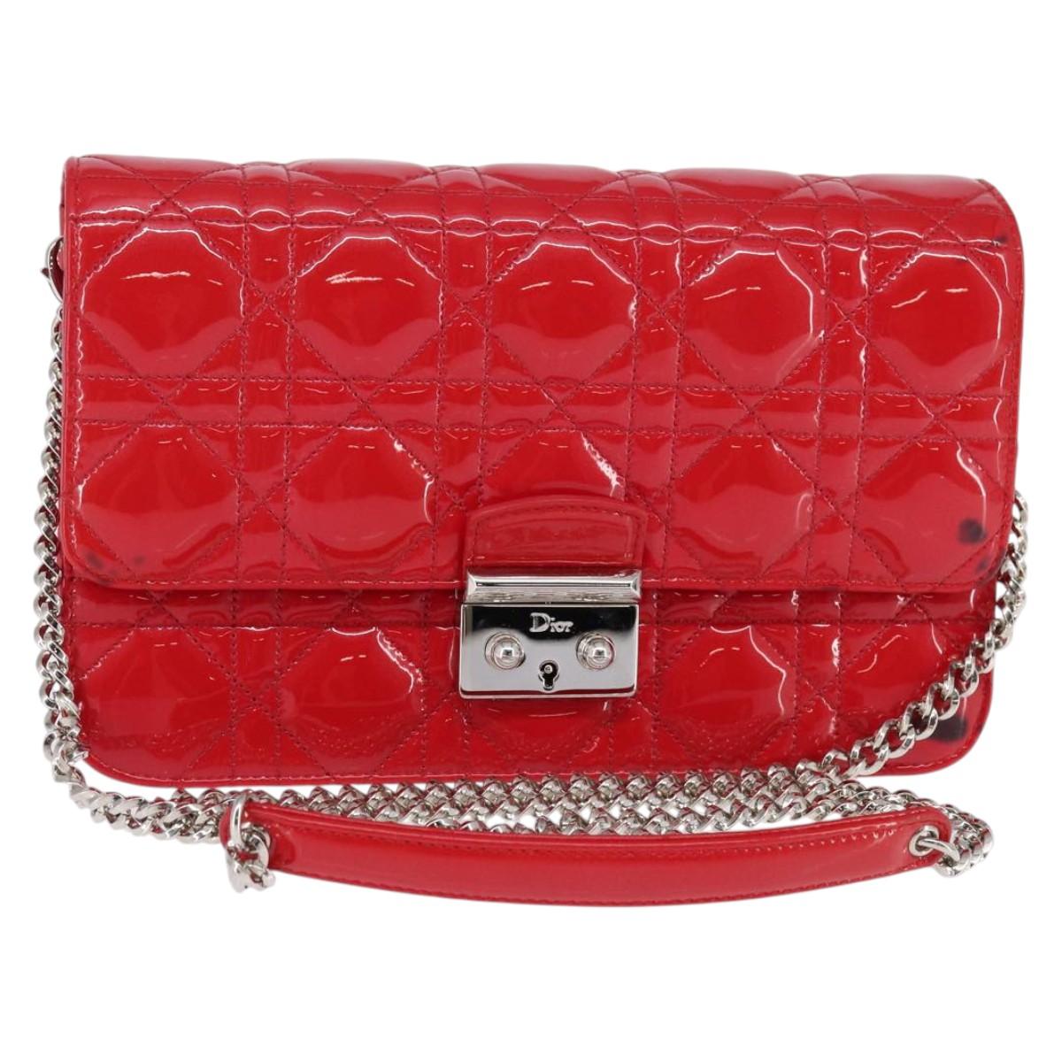 Christian Dior Canage Chain Shoulder Bag Enamel Red Silver Auth 144835