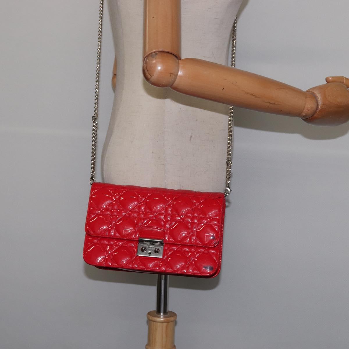 Christian Dior Canage Chain Shoulder Bag Enamel Red Silver Auth 144835