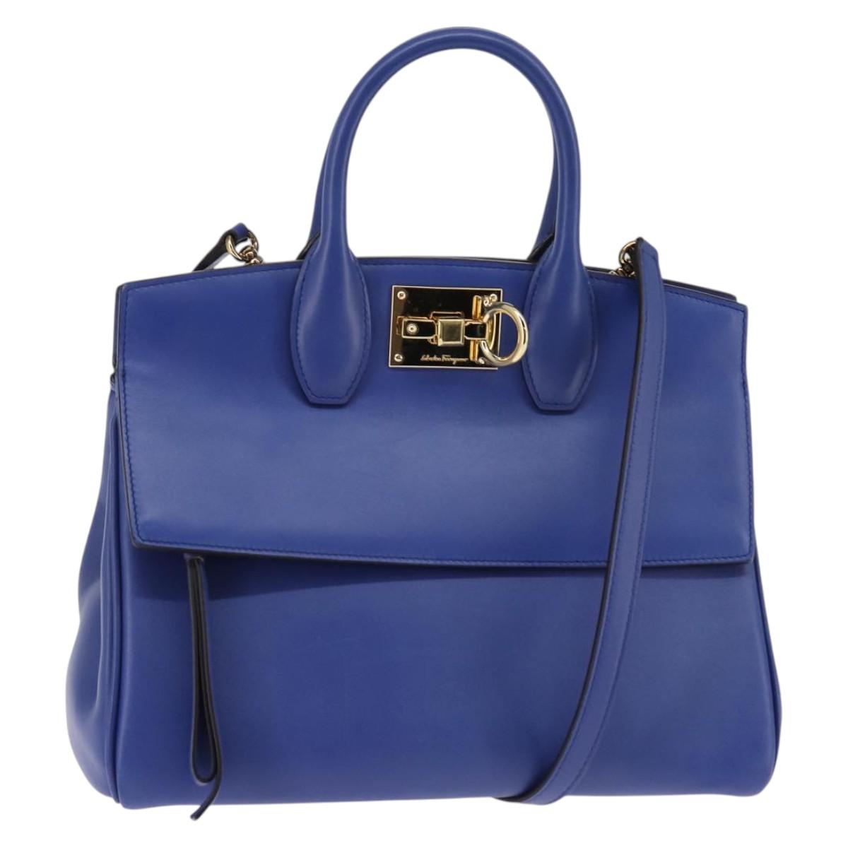 Salvatore Ferragamo Gancini Studio Hand Bag Leather 2way Blue Gold Auth 144870
