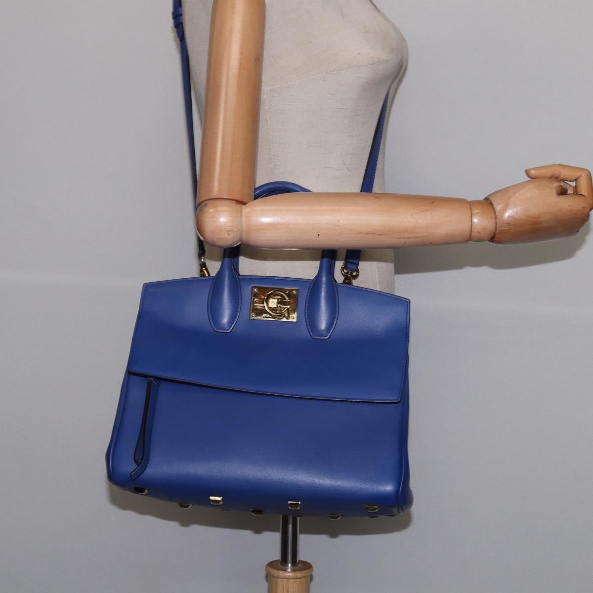 Salvatore Ferragamo Gancini Studio Hand Bag Leather 2way Blue Gold Auth 144870