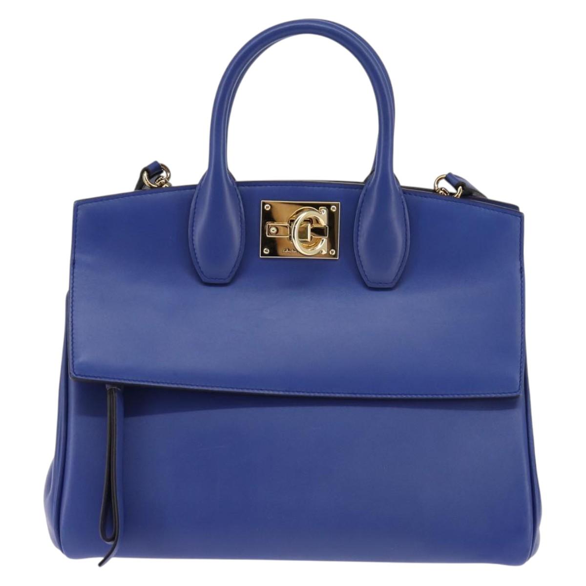 Salvatore Ferragamo Gancini Studio Hand Bag Leather 2way Blue Gold Auth 144870