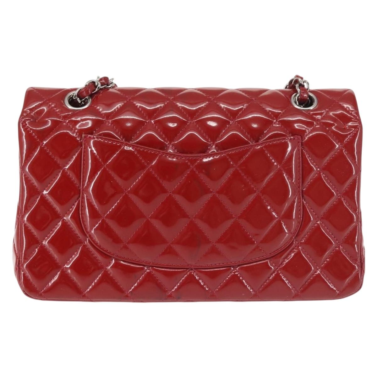 CHANEL Chain Double Flap Matelasse 25 Bag Patent leather Red Silver Auth 144878