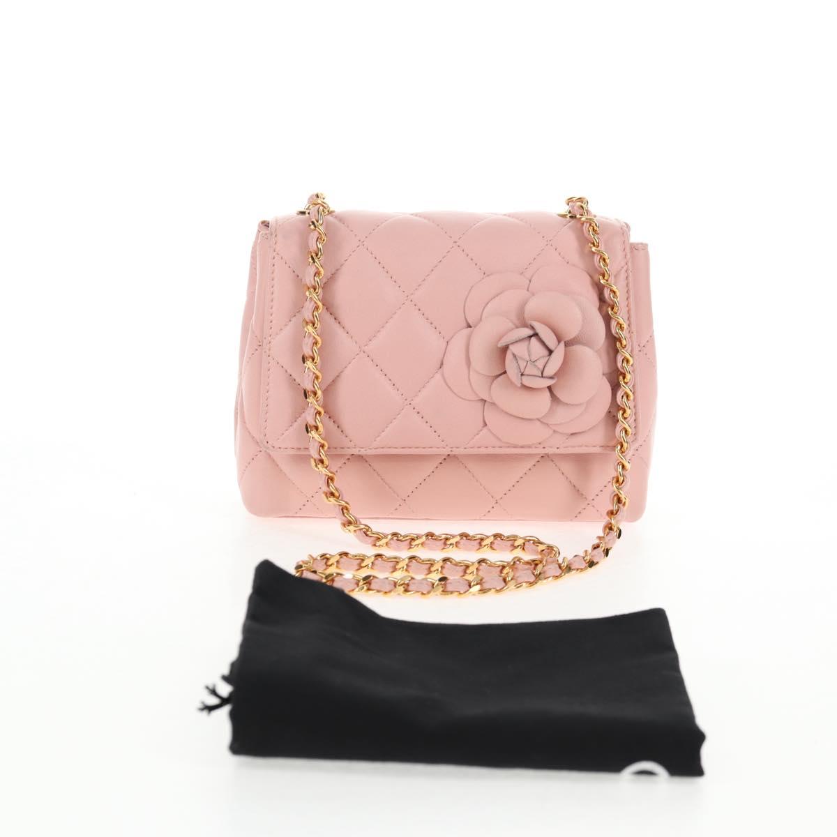 CHANEL Matelasse Camellia Chain Shoulder Bag Leather Pink Gold CC Auth 144882V