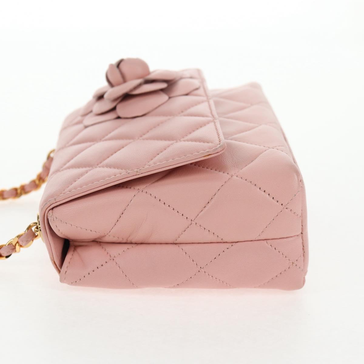 CHANEL Matelasse Camellia Chain Shoulder Bag Leather Pink Gold CC Auth 144882V