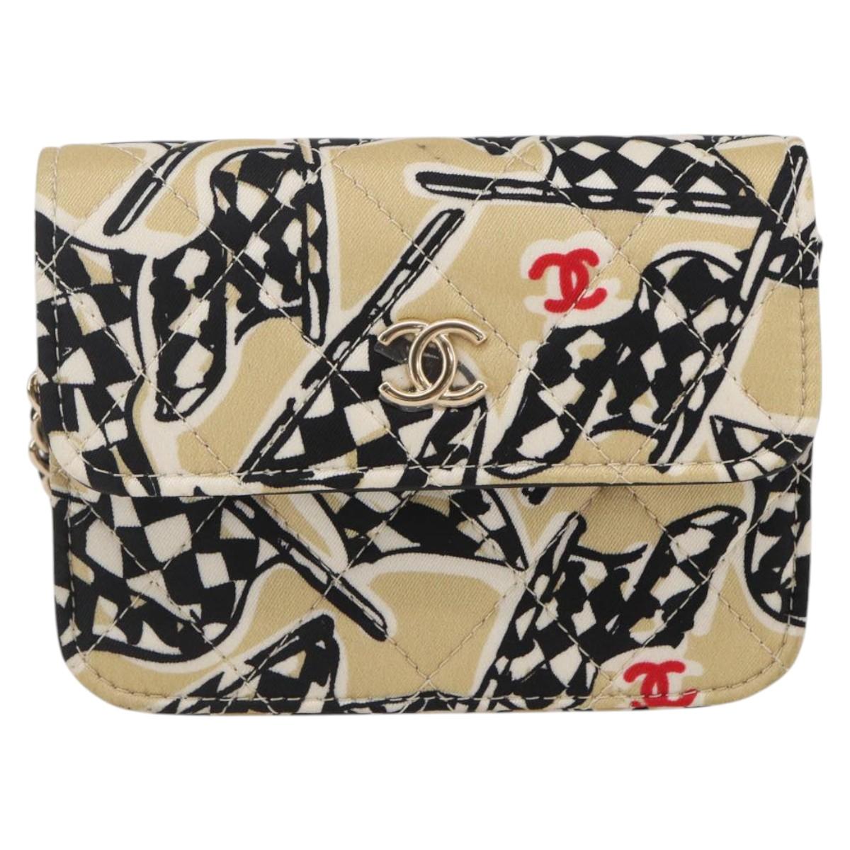 CHANEL Matelasse Checkered Flag Chain Shoulder Pouch Nylon Gold CC Auth 144883A