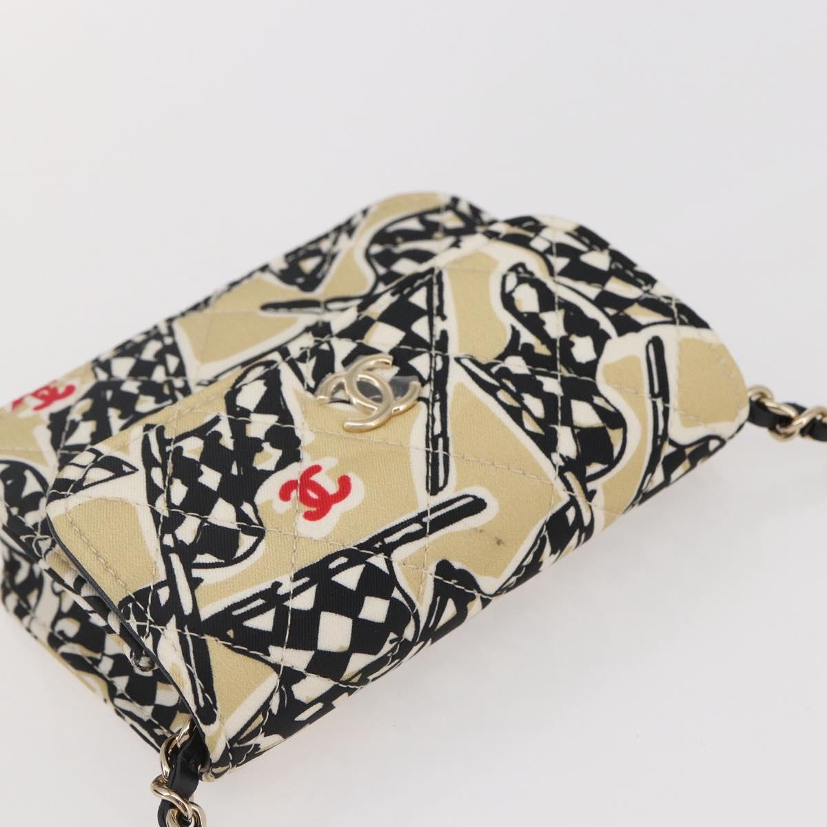 CHANEL Matelasse Checkered Flag Chain Shoulder Pouch Nylon Gold CC Auth 144883A