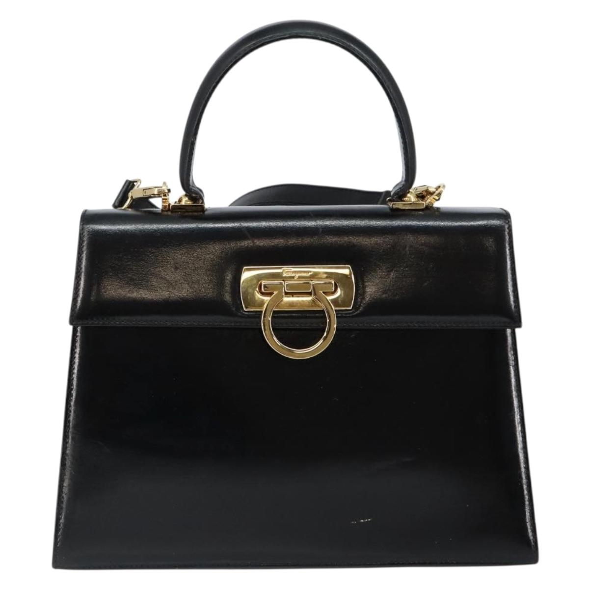 Salvatore Ferragamo Gancini Hand Bag Leather 2way Black Gold Auth 144914