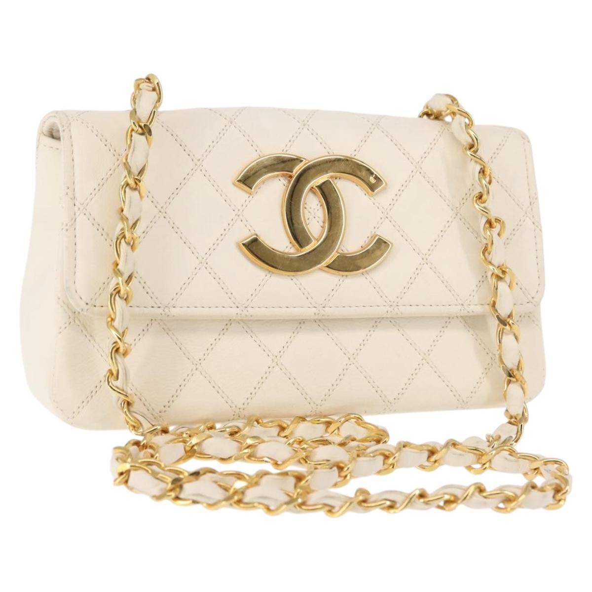 CHANEL Chain Bicolore Shoulder Bag Lamb Skin White Gold CC Auth 144923