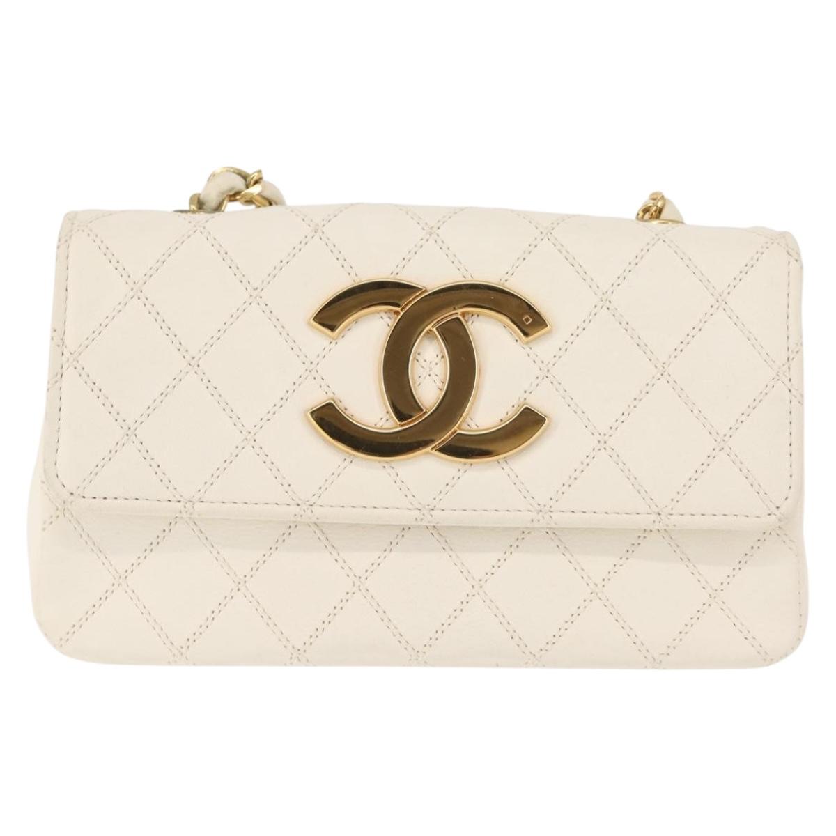CHANEL Chain Bicolore Shoulder Bag Lamb Skin White Gold CC Auth 144923