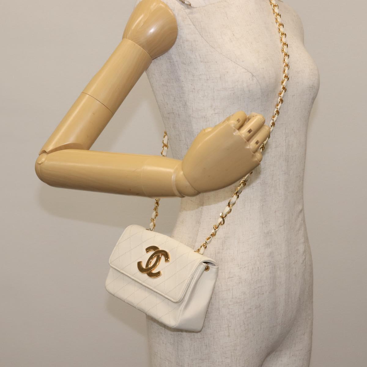 CHANEL Chain Bicolore Shoulder Bag Lamb Skin White Gold CC Auth 144923