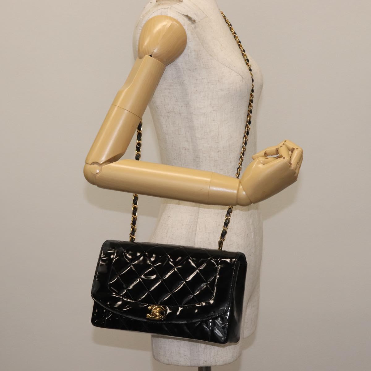 CHANEL Chain Diana Shoulder Bag Patent leather Black Gold CC Auth 144924