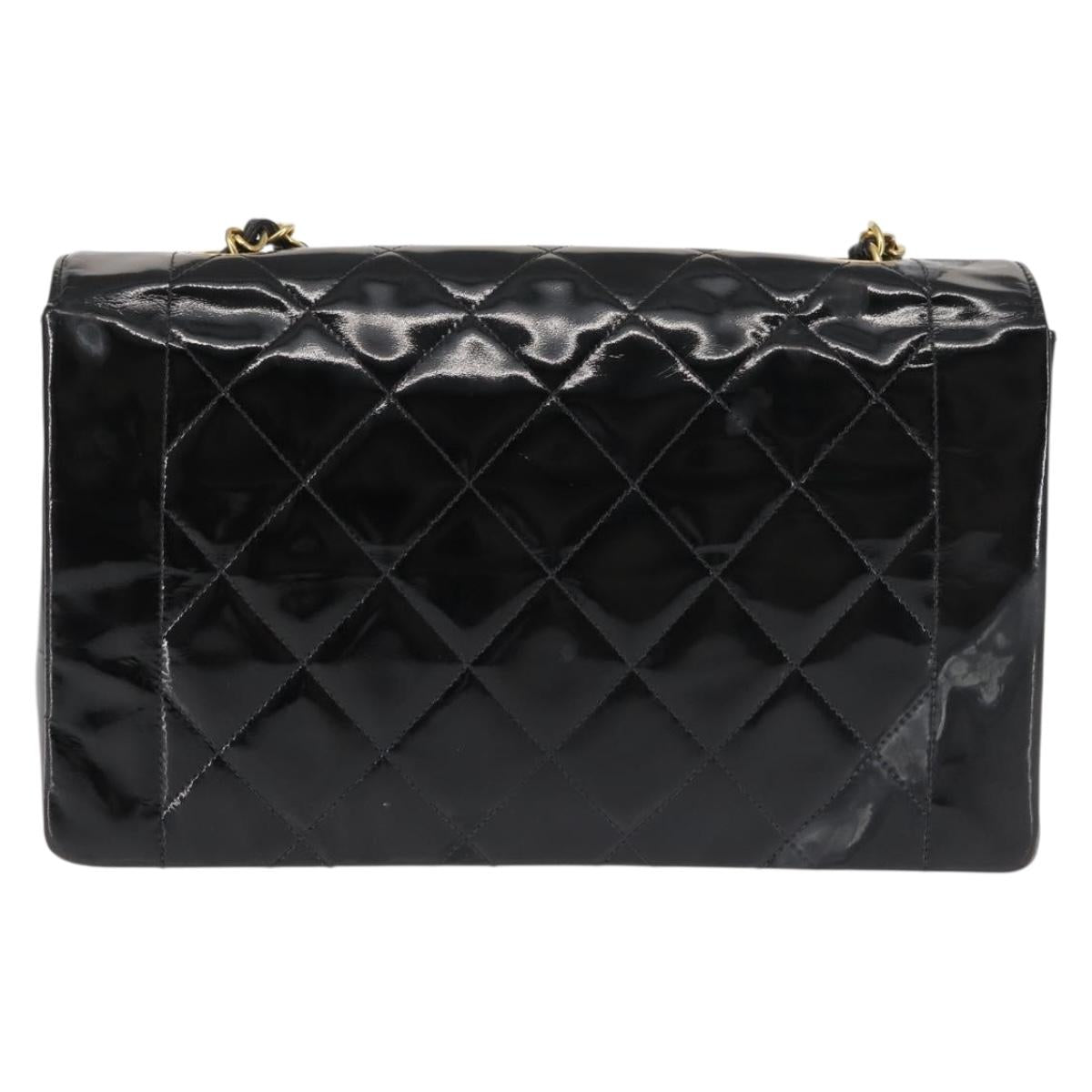 CHANEL Chain Diana Shoulder Bag Patent leather Black Gold CC Auth 144924