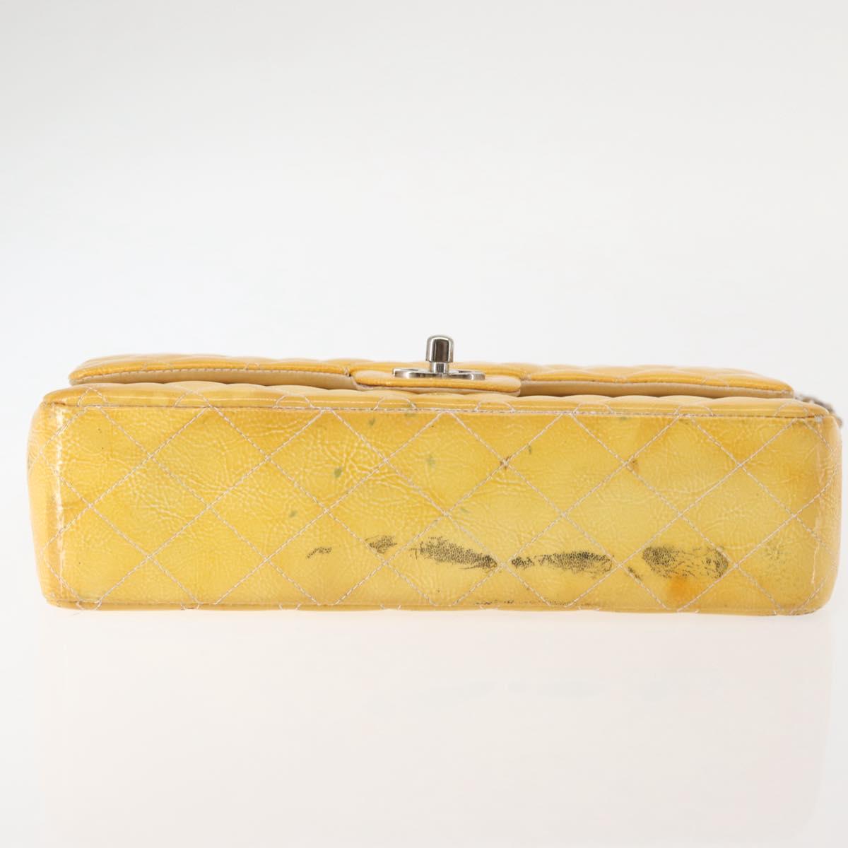 CHANEL Chain Matelasse25 Bag Patent leather Yellow Silver CC Auth 144925