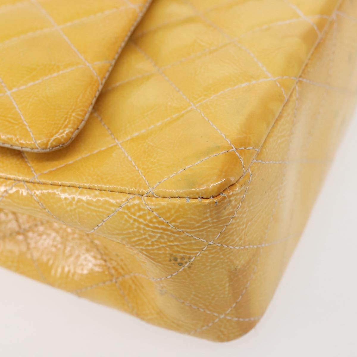CHANEL Chain Matelasse25 Bag Patent leather Yellow Silver CC Auth 144925