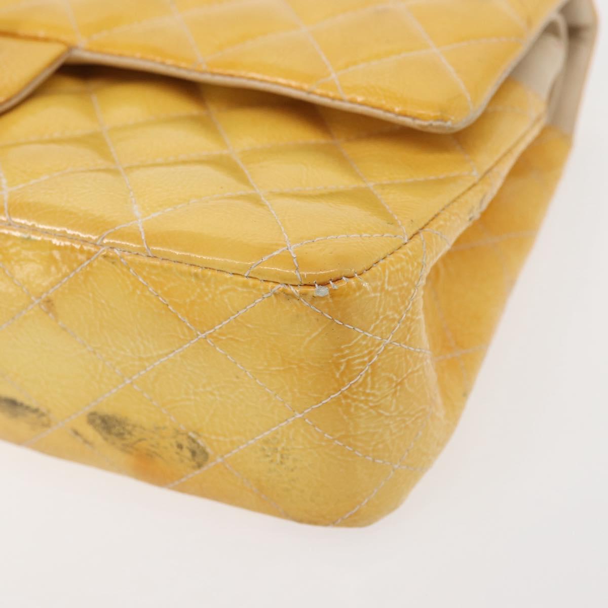 CHANEL Chain Matelasse25 Bag Patent leather Yellow Silver CC Auth 144925