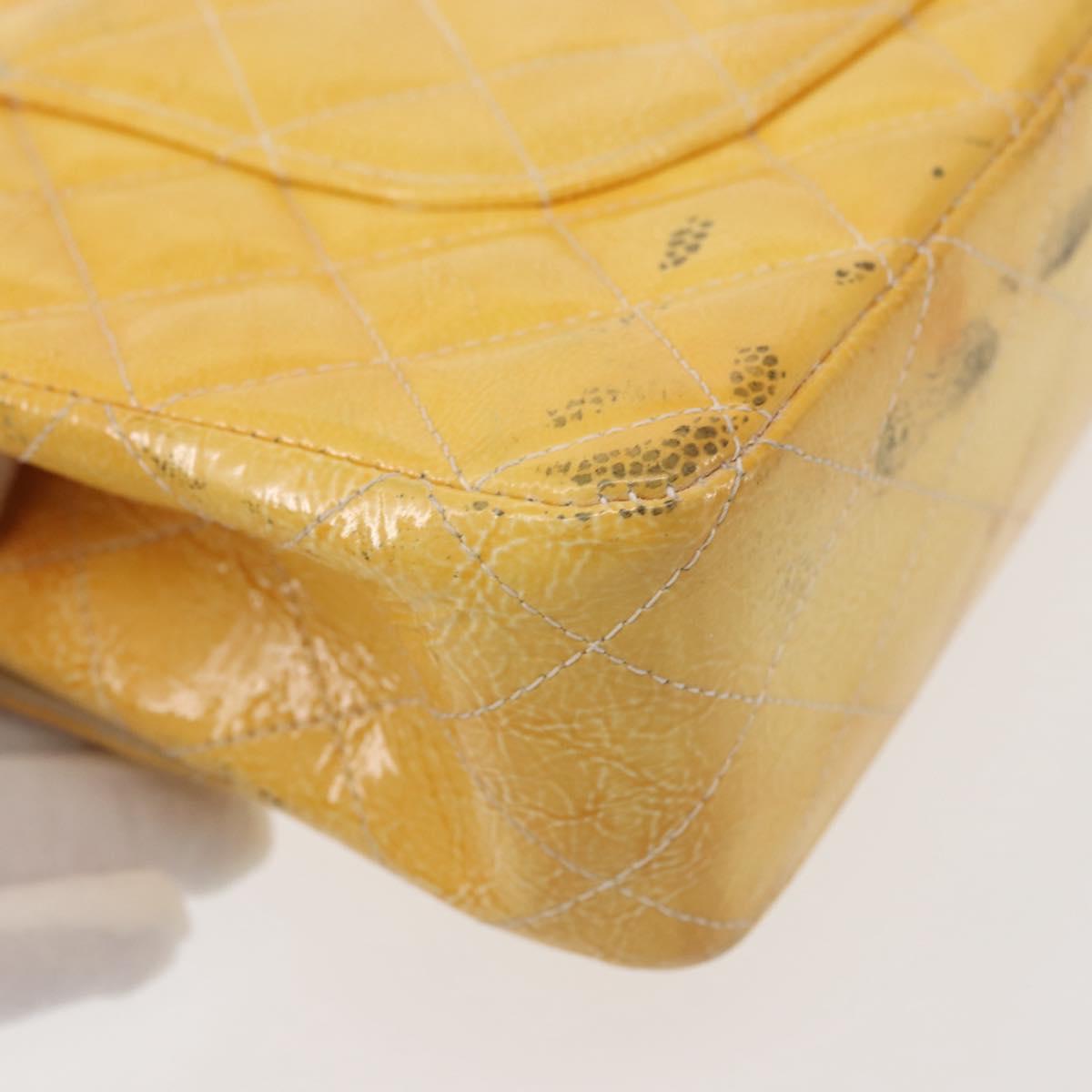 CHANEL Chain Matelasse25 Bag Patent leather Yellow Silver CC Auth 144925