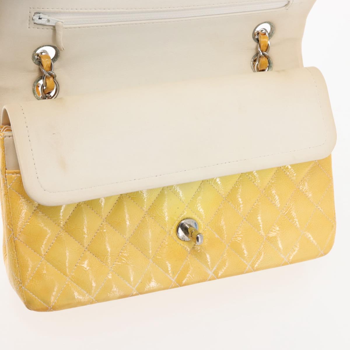 CHANEL Chain Matelasse25 Bag Patent leather Yellow Silver CC Auth 144925