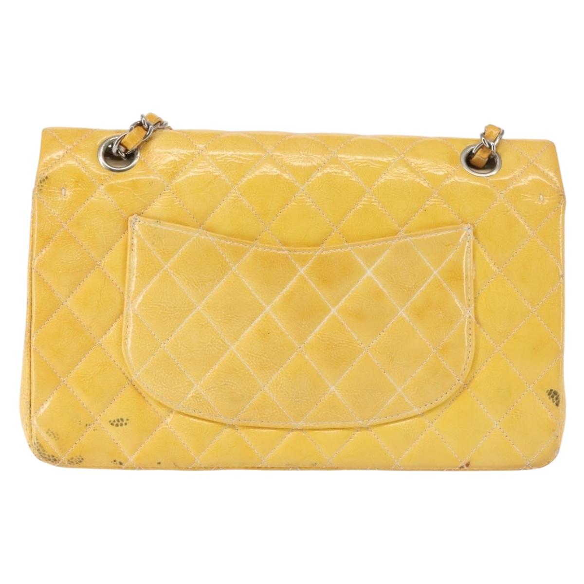 CHANEL Chain Matelasse25 Bag Patent leather Yellow Silver CC Auth 144925
