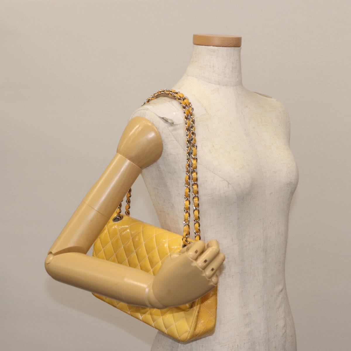 CHANEL Chain Matelasse25 Bag Patent leather Yellow Silver CC Auth 144925