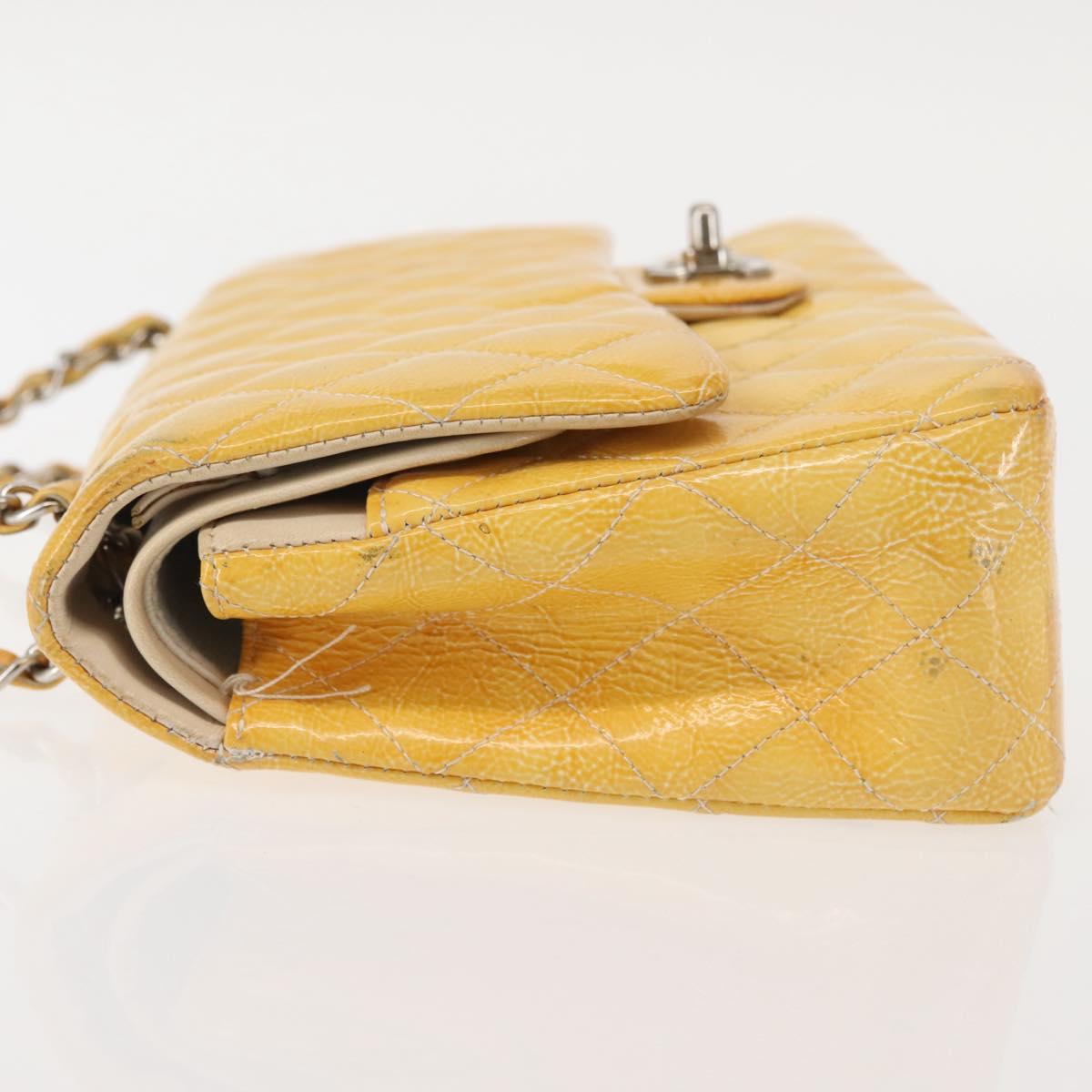 CHANEL Chain Matelasse25 Bag Patent leather Yellow Silver CC Auth 144925