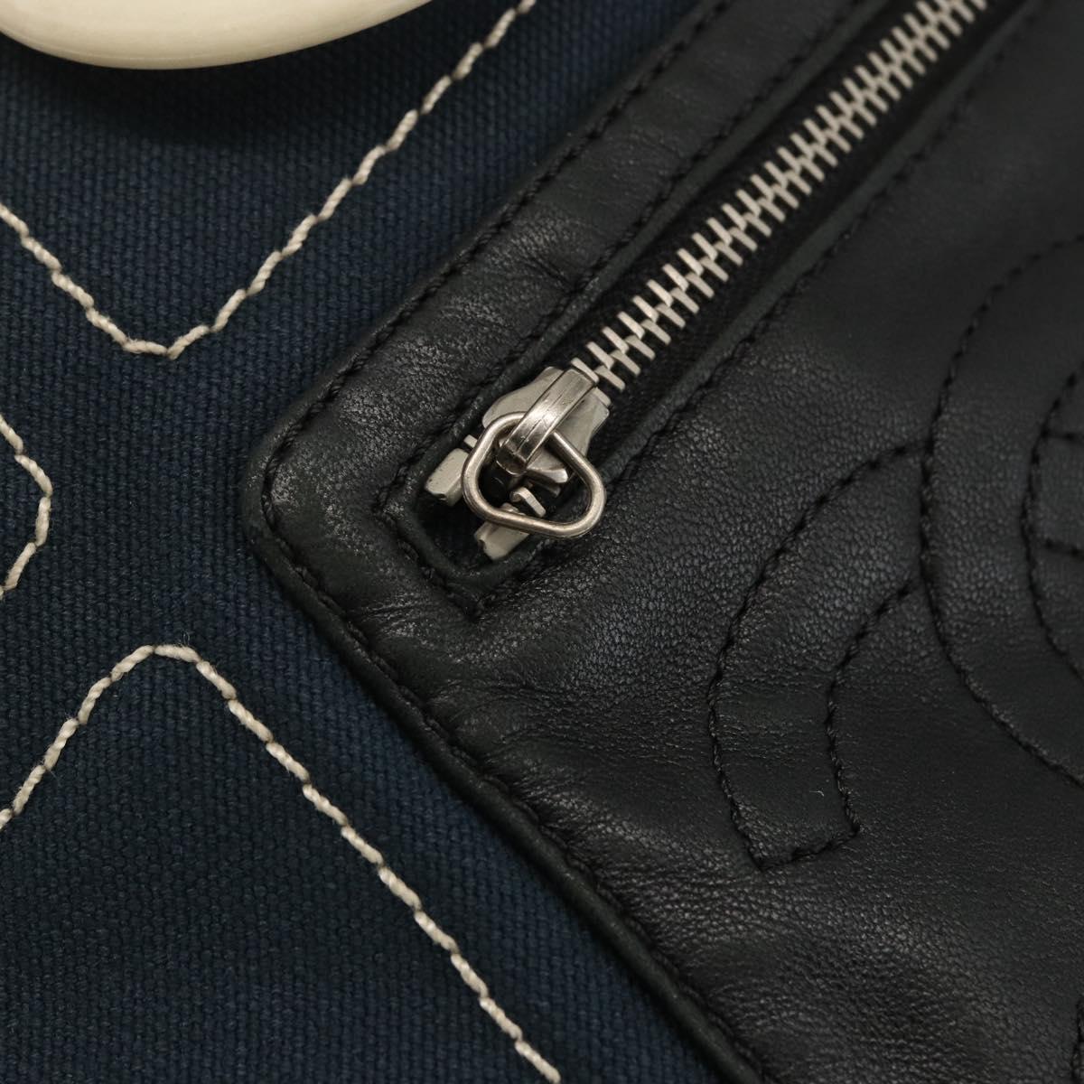 CHANEL Tote Bag Canvas Navy Silver CC Auth 144926