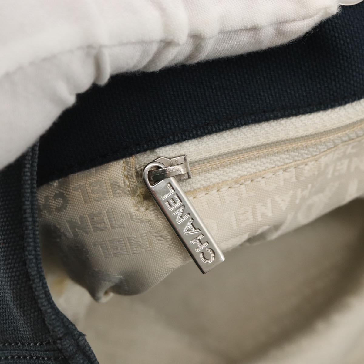 CHANEL Tote Bag Canvas Navy Silver CC Auth 144926