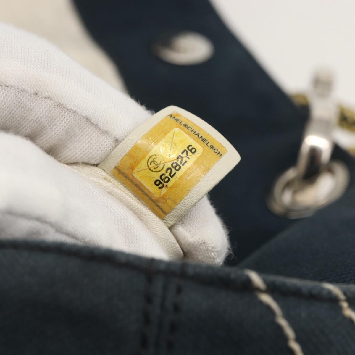 CHANEL Tote Bag Canvas Navy Silver CC Auth 144926