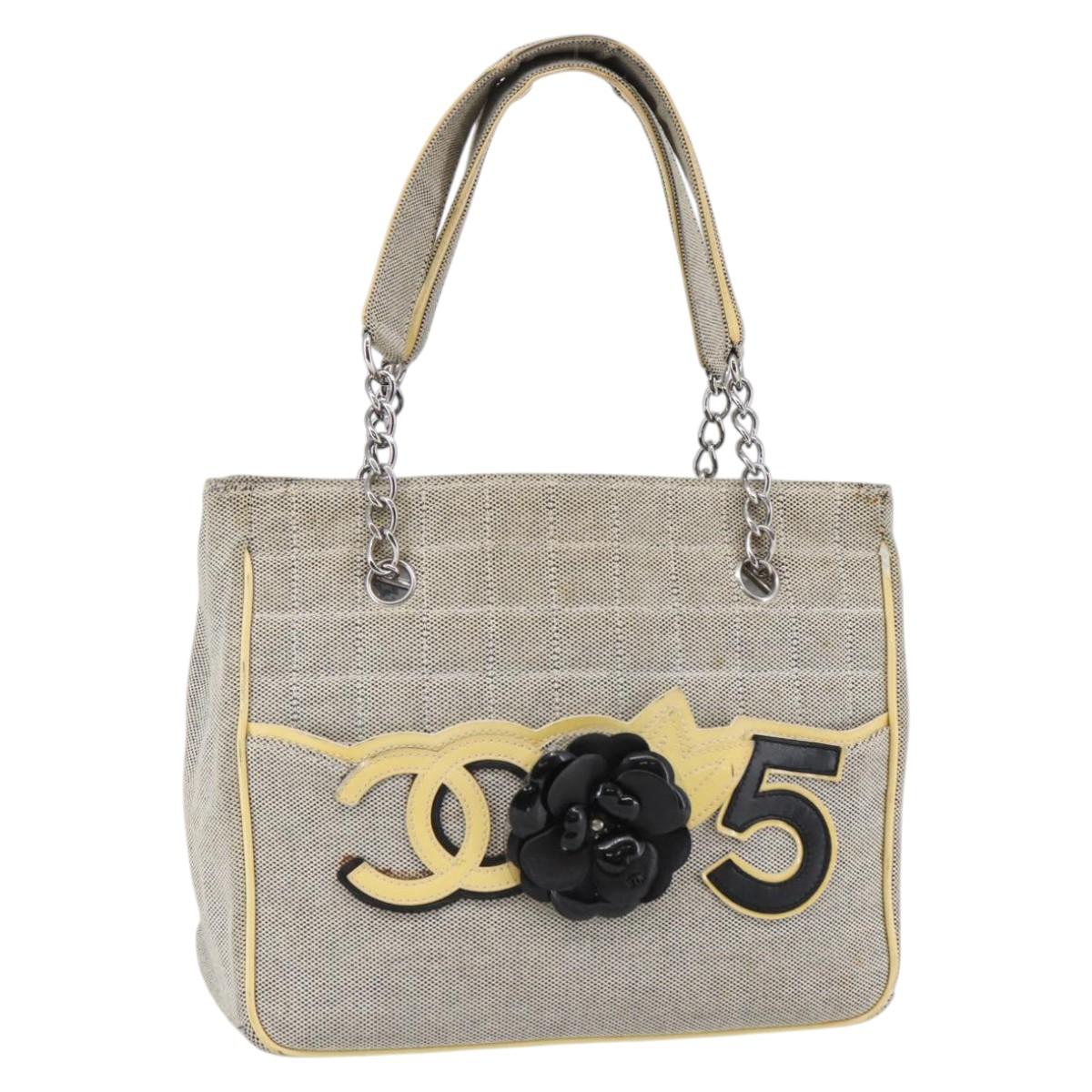 CHANEL Choco Bar Camelia Tote Bag Canvas Gray Silver CC Auth 144927