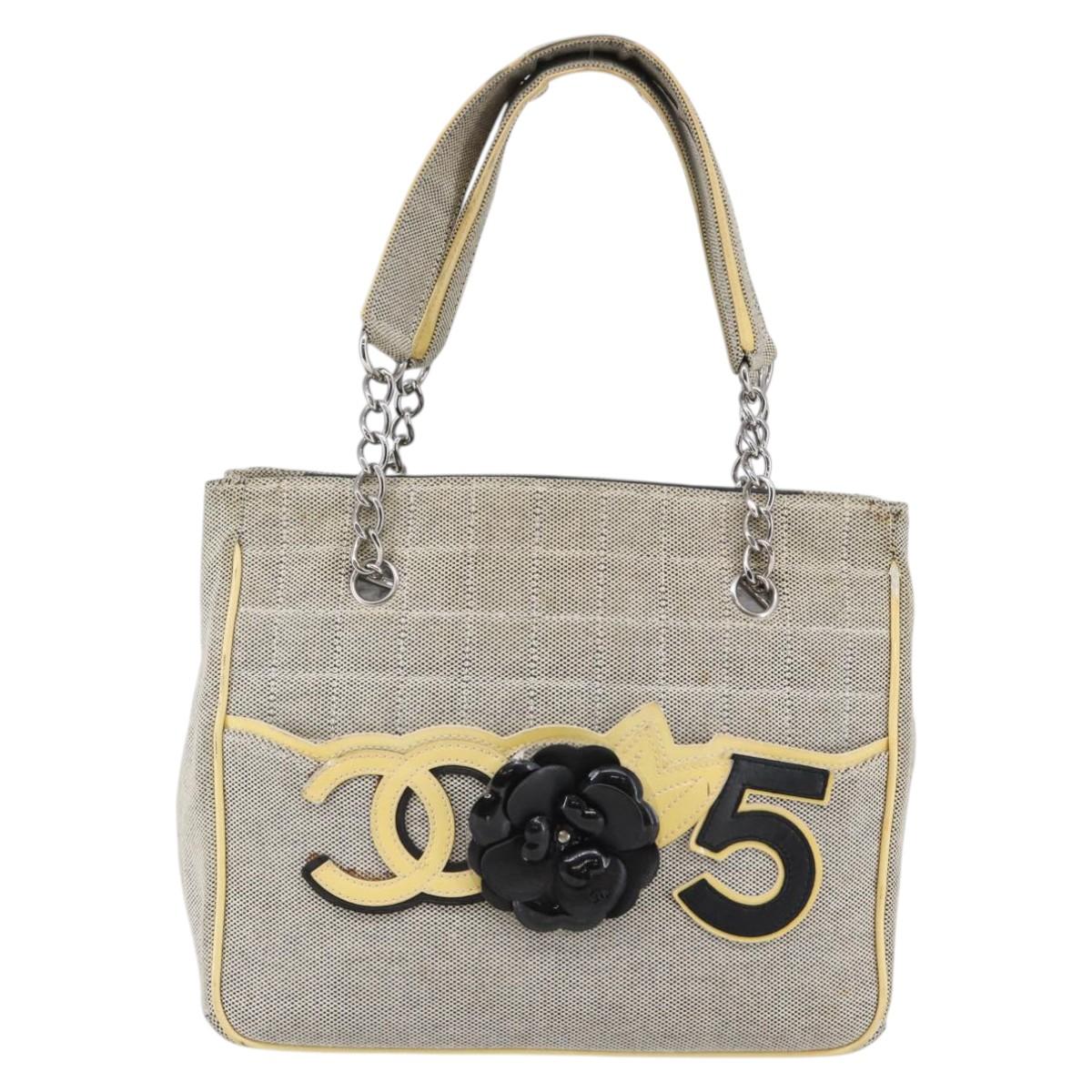 CHANEL Choco Bar Camelia Tote Bag Canvas Gray Silver CC Auth 144927