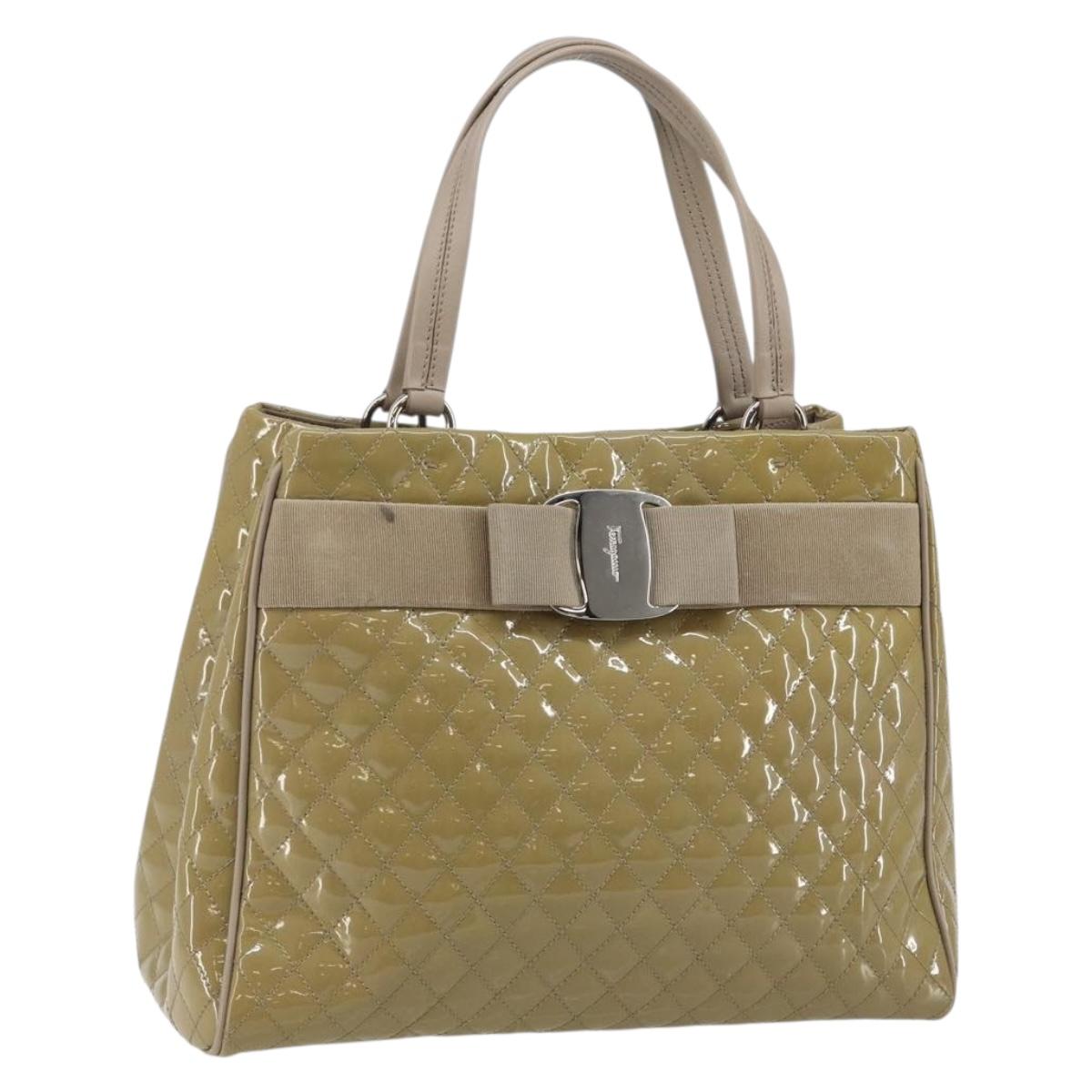 Salvatore Ferragamo Vala Tote Bag Enamel Khaki Silver Auth 144975