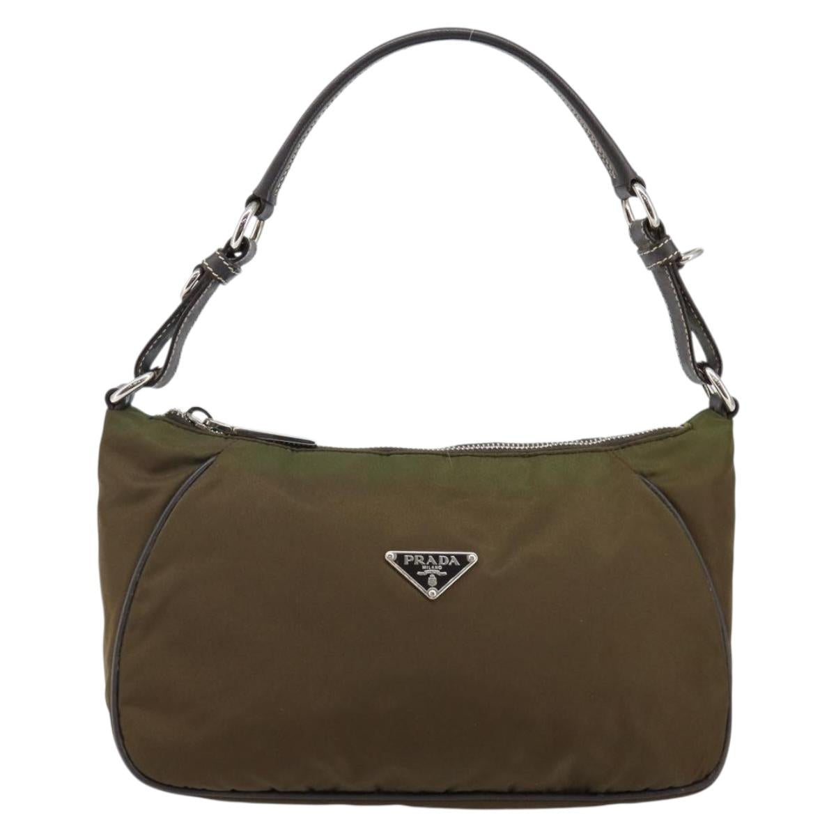 PRADA Shoulder Bag Nylon Khaki Silver Auth 145010