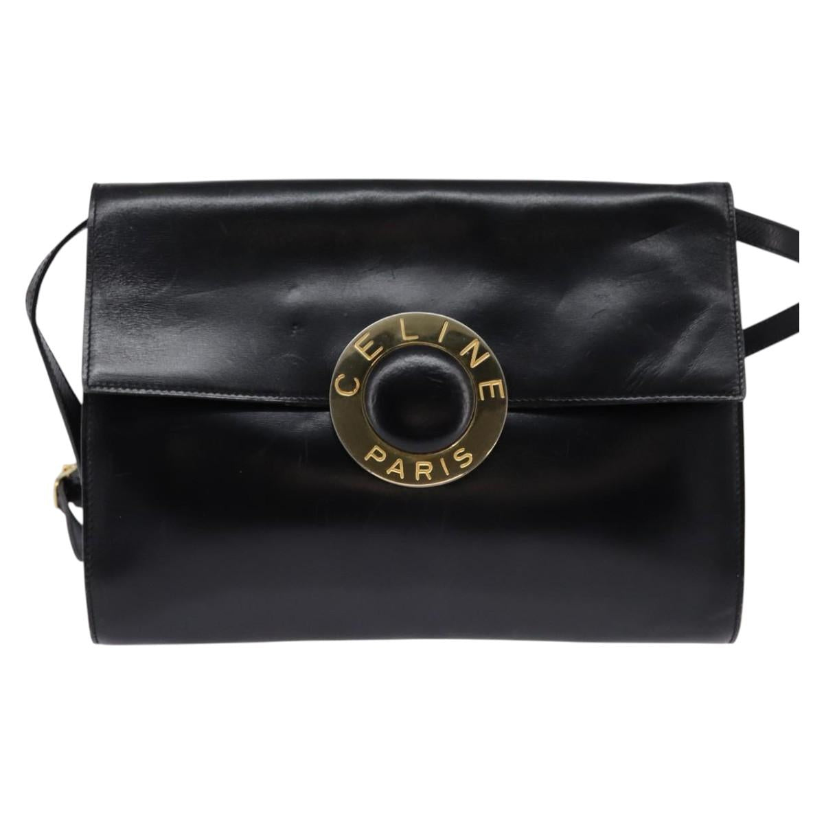 CELINE Circle Shoulder Bag Leather Black Gold Auth 145014