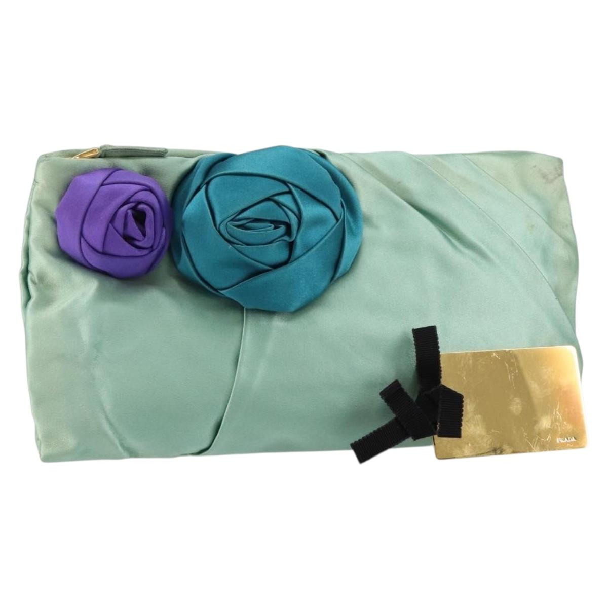 PRADA Clutch Bag Satin Green Gold Auth 145020