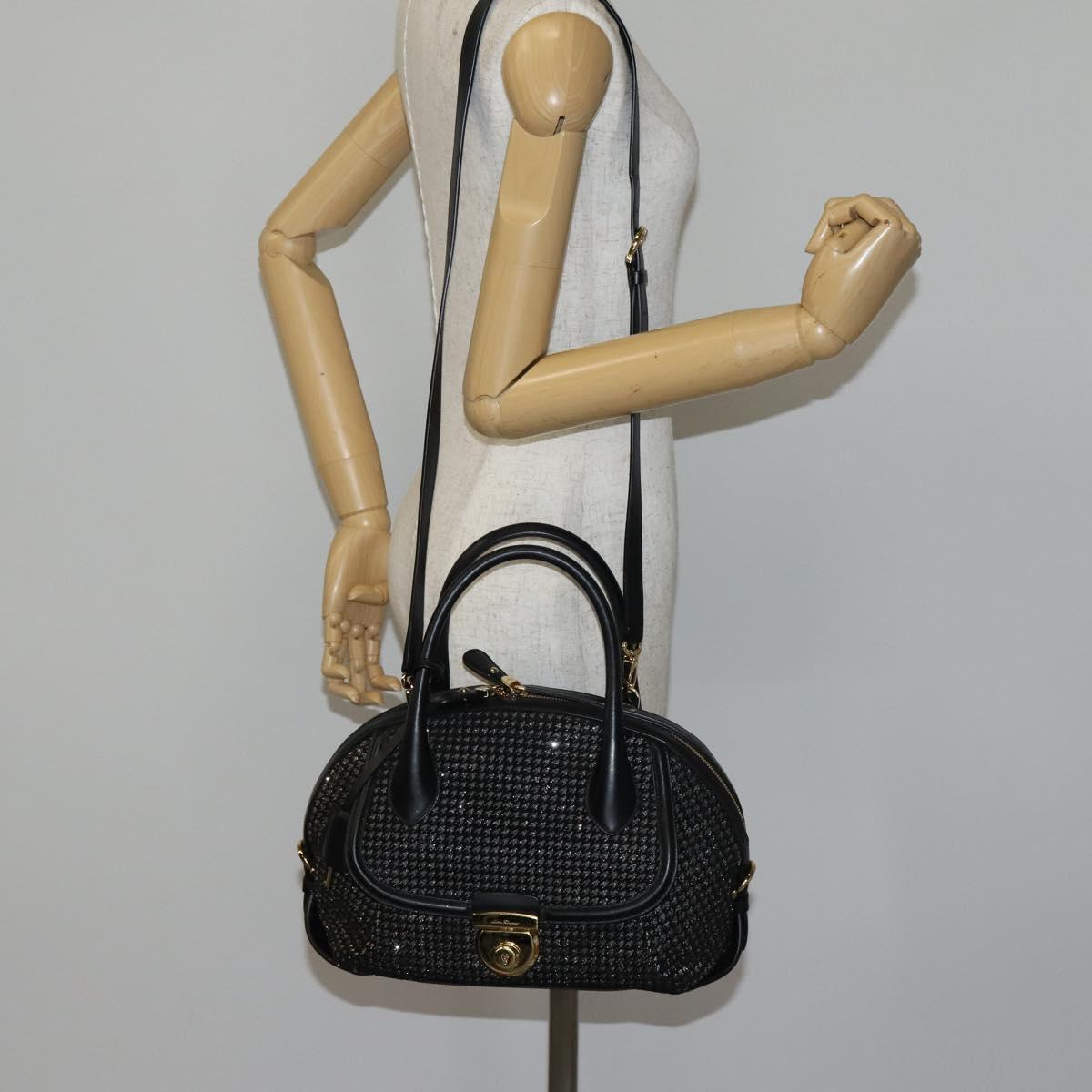 Salvatore Ferragamo Gancini Hand Bag tweed Black Gold Auth 145029