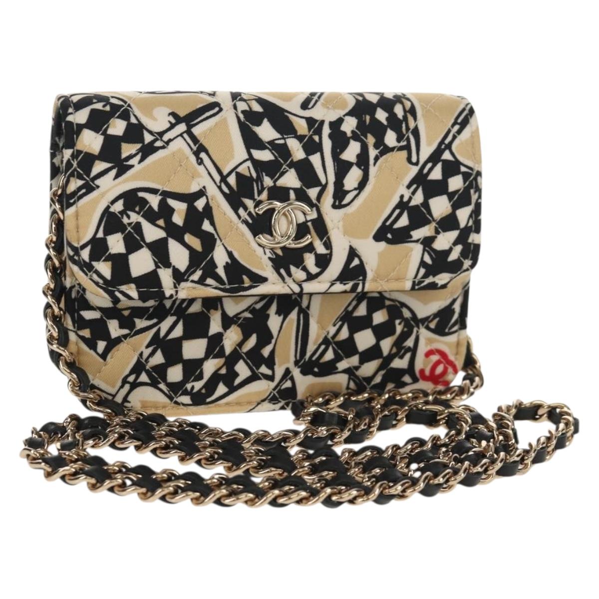 CHANEL Matelasse Chain Shoulder Bag Satin Beige Gold CC Auth 145067SAM