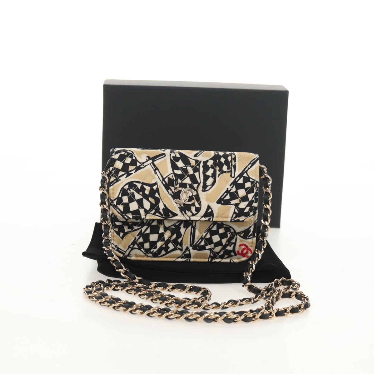 CHANEL Matelasse Chain Shoulder Bag Satin Beige Gold CC Auth 145067SAM