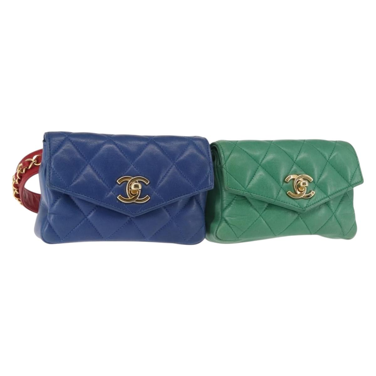 CHANEL Matelasse Waist Bag Lamb Skin Multicolor Gold CC Auth 145072