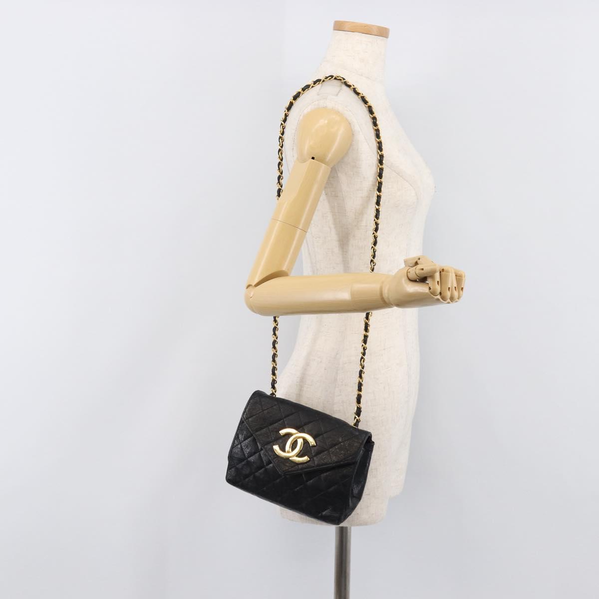 CHANEL Matelasse Chain Shoulder Bag Leather Black Gold CC Auth 145073