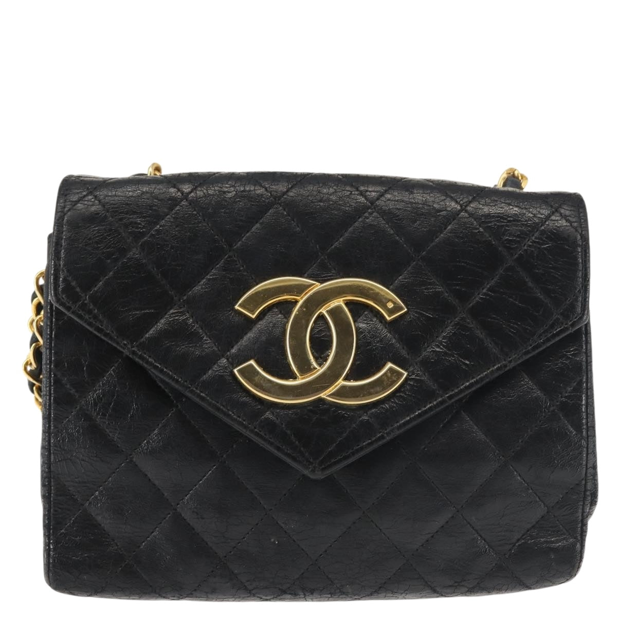 CHANEL Matelasse Chain Shoulder Bag Leather Black Gold CC Auth 145073