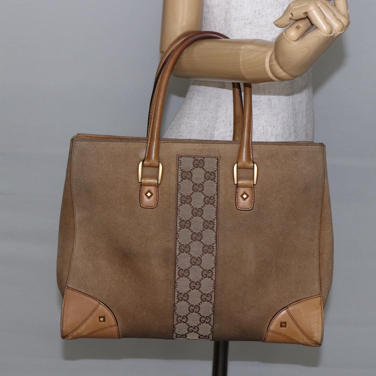 GUCCI GG Canvas Tote Bag Suede Beige Gold 120897 Auth 145158