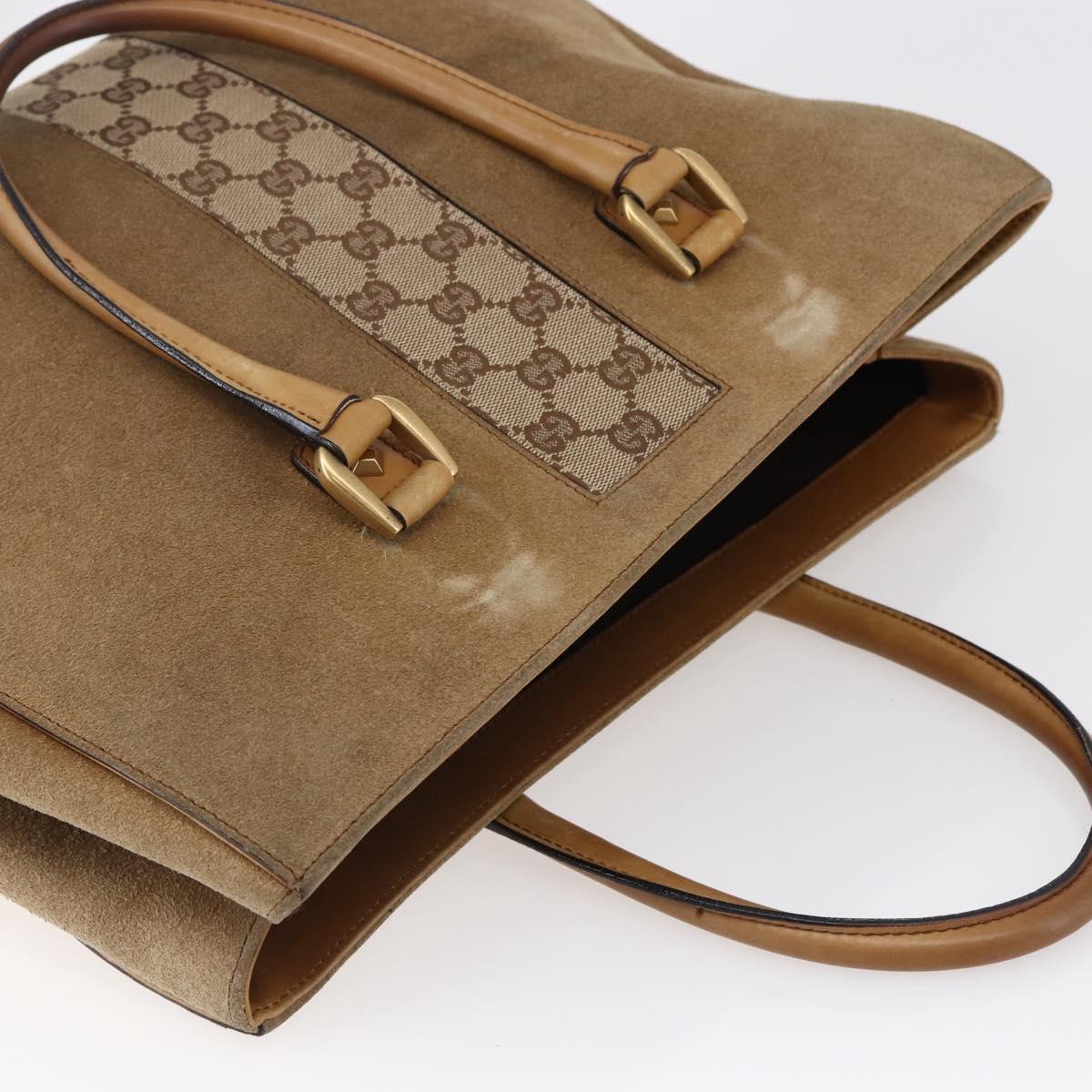 GUCCI GG Canvas Tote Bag Suede Beige Gold 120897 Auth 145158